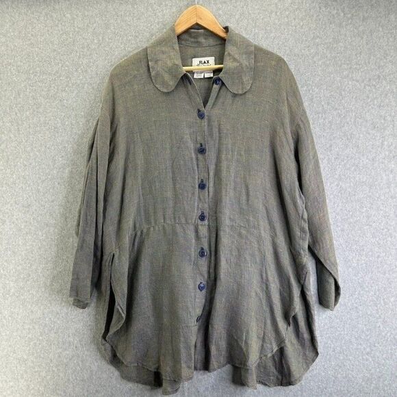 Vintage FLAX Small Linen Tunic Top Blouse Button Front Collared Lagenlook Flowy - Picture 1 of 16
